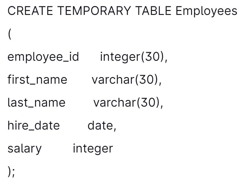 Creating a temporary table with the temporary keyword.